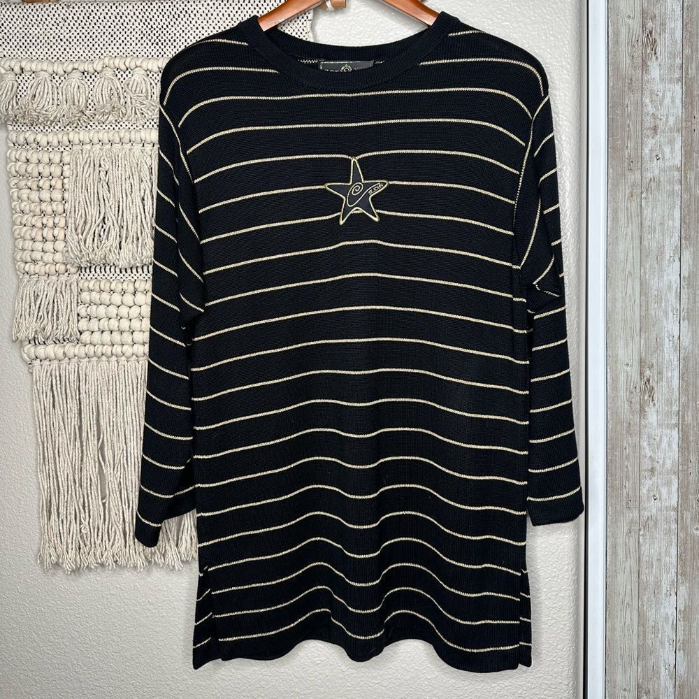 ST JOHN SPORT BY MARIE GRAY Black Gold Striped Starfish Embroidered Sweater Sz P